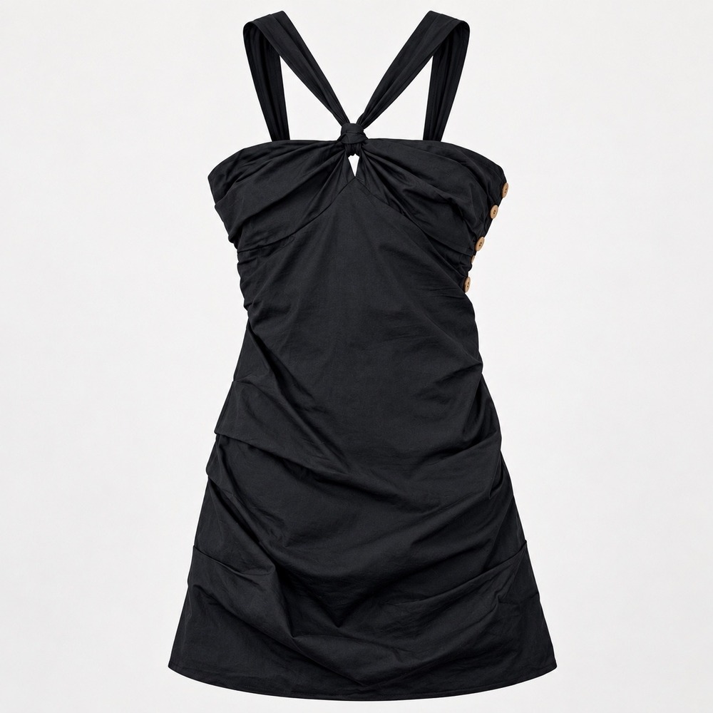 Free People Women's XS Black Ruched Halter Mini Dress Y2K Party LBD Cotton